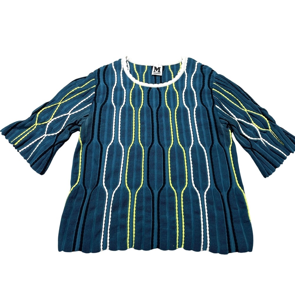M Missoni Blouse Womens 40 Blue Striped Knit Flare Sleeve Stretch Crew Neck
